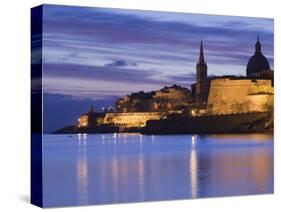 Malta, Valletta, Marsamxett Harbor and City Walls-Walter Bibikow-Stretched Canvas