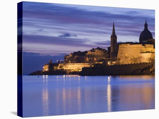 Malta, Valletta, Marsamxett Harbor and City Walls-Walter Bibikow-Stretched Canvas