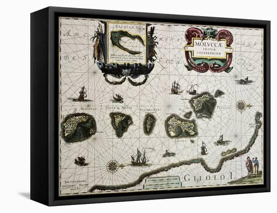 Maluku Island Old Map. Created By Willem Blaeu, Published In Amsterdam 1630-marzolino-Framed Stretched Canvas