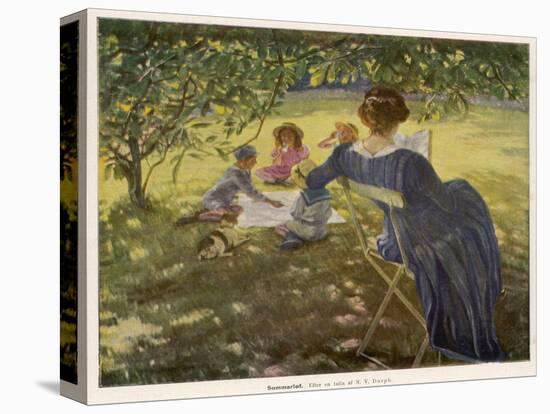 Mama Sits Reading Her Book While the Children and Dog Play at a Tea-Party on the Lawn-null-Stretched Canvas