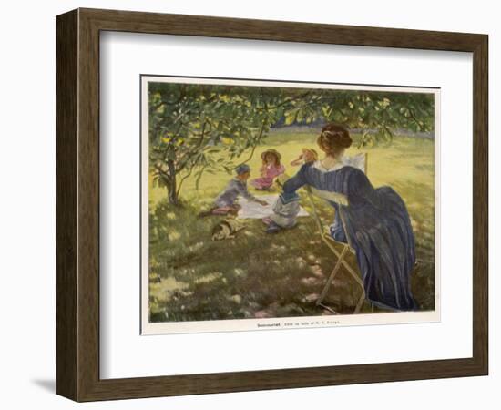 Mama Sits Reading Her Book While the Children and Dog Play at a Tea-Party on the Lawn-null-Framed Photographic Print