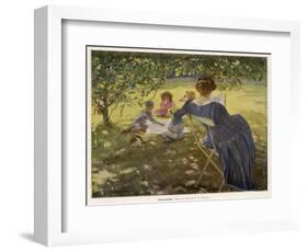 Mama Sits Reading Her Book While the Children and Dog Play at a Tea-Party on the Lawn-null-Framed Photographic Print