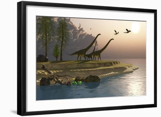 Mamenchisaurus Dinosaurs Walk to a Lake for a Morning Drink-null-Framed Art Print