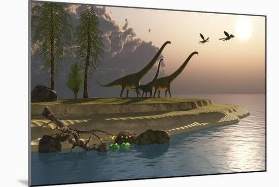 Mamenchisaurus Dinosaurs Walk to a Lake for a Morning Drink-null-Mounted Art Print