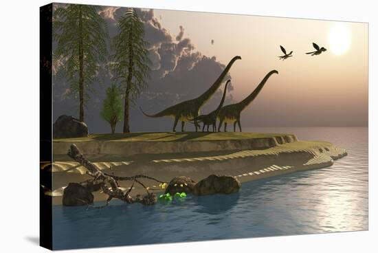 Mamenchisaurus Dinosaurs Walk to a Lake for a Morning Drink-null-Stretched Canvas