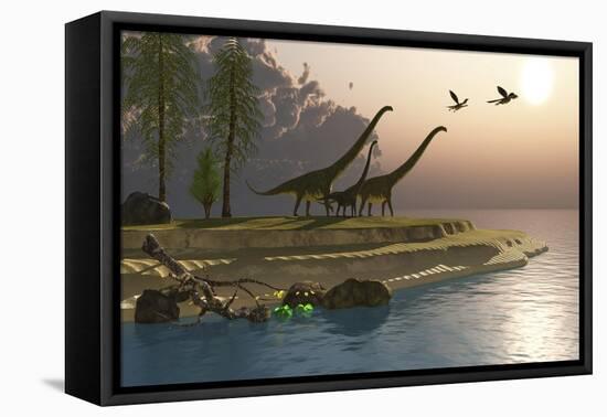 Mamenchisaurus Dinosaurs Walk to a Lake for a Morning Drink-null-Framed Stretched Canvas