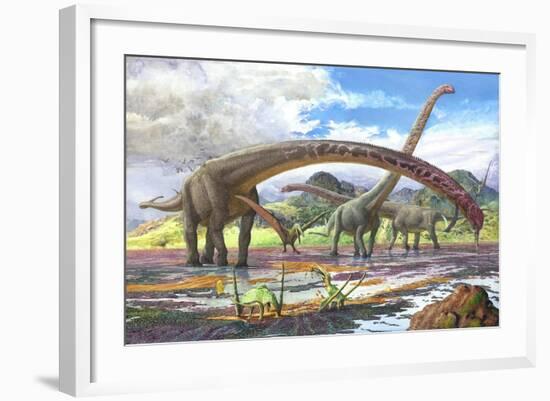 Mamenchisaurus Feeding on Brown Algae at Low Tide-null-Framed Art Print