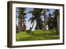 Mamenchisaurus Walking Along a Nearby Swamp-null-Framed Art Print
