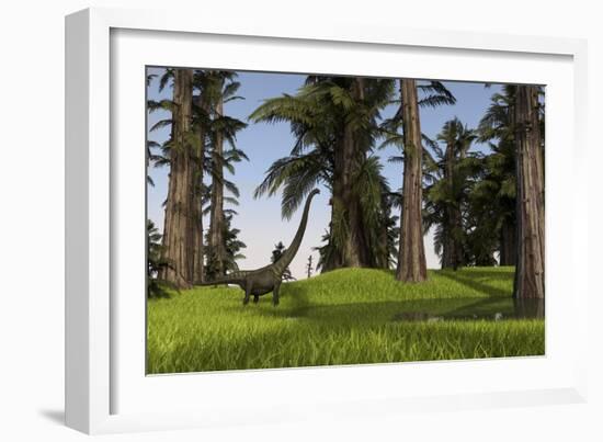 Mamenchisaurus Walking Along a Nearby Swamp-null-Framed Art Print