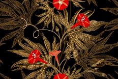 Exotic Climbing Plant Ivy. Vector Seamless Floral Pattern. Golden Branch, Leaves, Red Flowers on Bl-mamita-Art Print