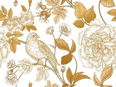 Garden Flowers Roses, Peonies and Dog Rose, Bird on Branches . Floral Vintage Seamless Pattern. Gol