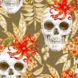 Vector Seamless Background. Wreaths of Garden Flowers and Skulls. Roses, Peonies. Design for Fabric-mamita-Art Print