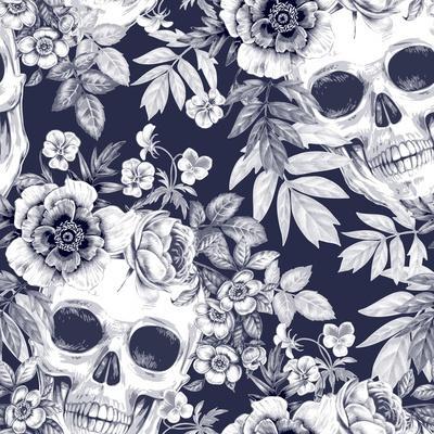 Vector Seamless Background. Wreaths of Garden Flowers and Skulls. Roses, Peonies. Design for Fabric