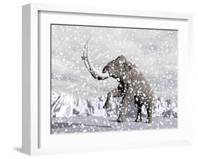 Mammoth Walking Through a Blizzard on Mountain-null-Framed Art Print