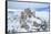 Man admiring the snowy medieval castle of Rocca Calascio after heavy snowfall, Rocca Calascio-Paolo Graziosi-Framed Stretched Canvas