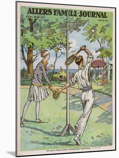 Man and a Woman Play Swingball in the Garden-null-Mounted Art Print