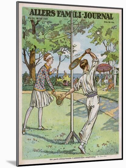 Man and a Woman Play Swingball in the Garden-null-Mounted Art Print