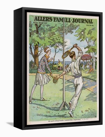 Man and a Woman Play Swingball in the Garden-null-Framed Stretched Canvas