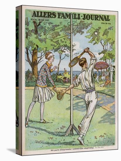 Man and a Woman Play Swingball in the Garden-null-Stretched Canvas