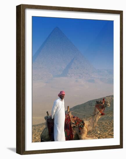 Man and Camel at Pyramids, Cairo, Egypt-Peter Adams-Framed Premium Photographic Print