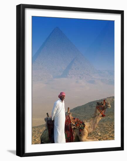 Man and Camel at Pyramids, Cairo, Egypt-Peter Adams-Framed Premium Photographic Print