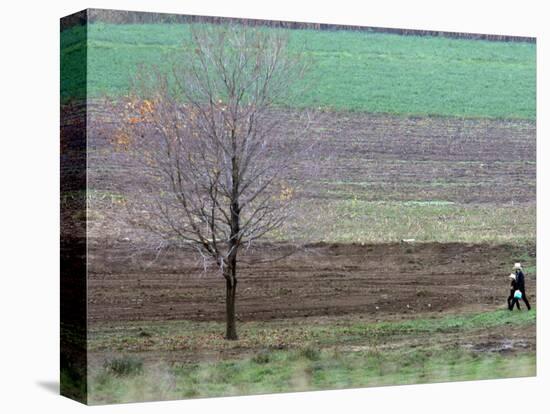 Man and Child Pass Through the Former Location of the Amish School in Nickel Mines, Pennsylvania-null-Stretched Canvas