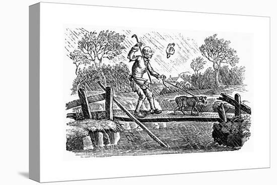 Man and Dog Crossing Bridge in Stormy Weather-Thomas Bewick-Stretched Canvas