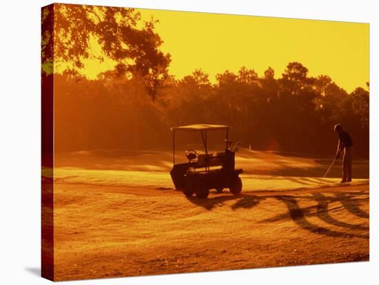 Man and Golf Cart Silhouetted at Sunset-Bill Bachmann-Stretched Canvas