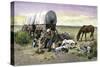 Man and His Dogs Camped by their Covered Wagon on the Great Plains-null-Stretched Canvas