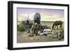 Man and His Dogs Camped by their Covered Wagon on the Great Plains-null-Framed Giclee Print