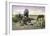 Man and His Dogs Camped by their Covered Wagon on the Great Plains-null-Framed Giclee Print