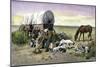 Man and His Dogs Camped by their Covered Wagon on the Great Plains-null-Mounted Giclee Print