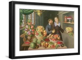 Man and Woman Before a Table Laid with Fruits and Vegetables-Georg Flegel-Framed Giclee Print