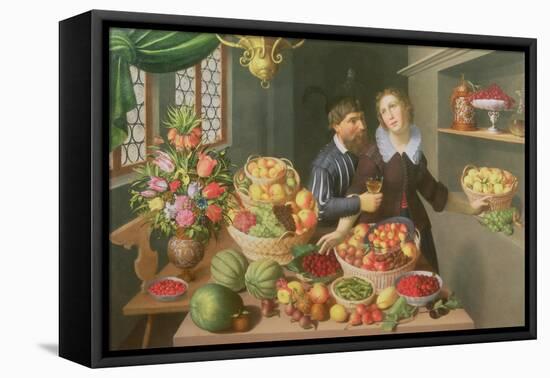 Man and Woman Before a Table Laid with Fruits and Vegetables-Georg Flegel-Framed Stretched Canvas