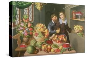 Man and Woman Before a Table Laid with Fruits and Vegetables-Georg Flegel-Stretched Canvas