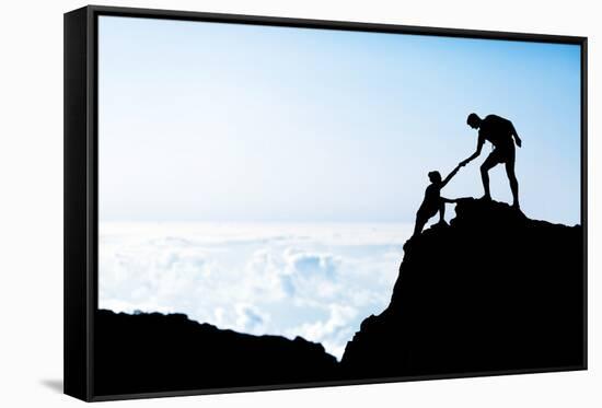 Man and Woman Help Silhouette in Mountains-blas-Framed Stretched Canvas