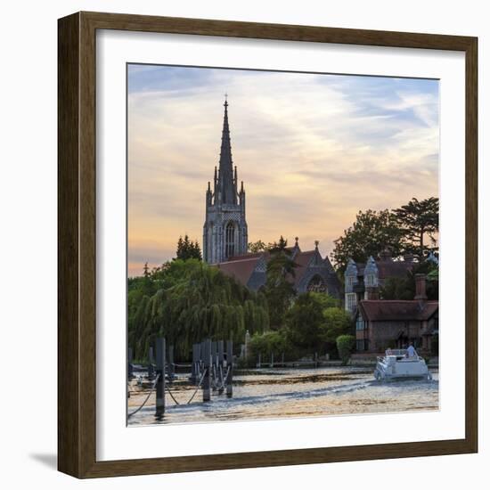 Man and Woman on Boat with All Saints Church in the Background, Marlow, Buckinghamshire, England-Charlie Harding-Framed Photographic Print