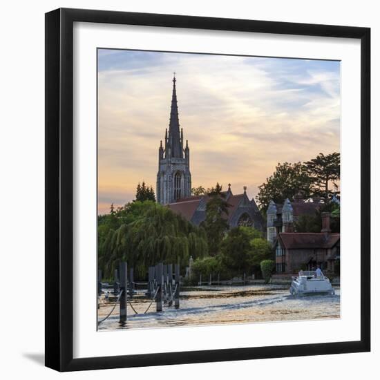 Man and Woman on Boat with All Saints Church in the Background, Marlow, Buckinghamshire, England-Charlie Harding-Framed Photographic Print