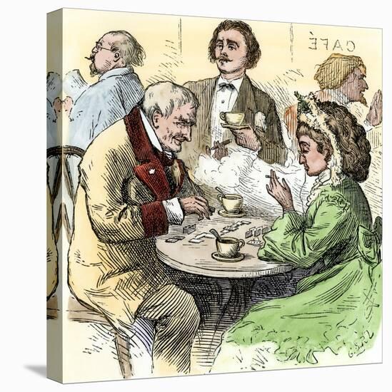 Man and Woman Playing Dominoes in a Cafe, 1800s-null-Stretched Canvas