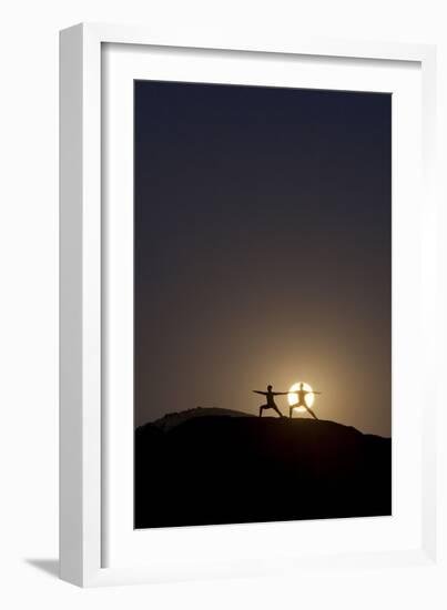 Man and Woman Practice Yoga in Front of a Full Moon in Grand Canyon National Park, Arizona-Louis Arevalo-Framed Photographic Print