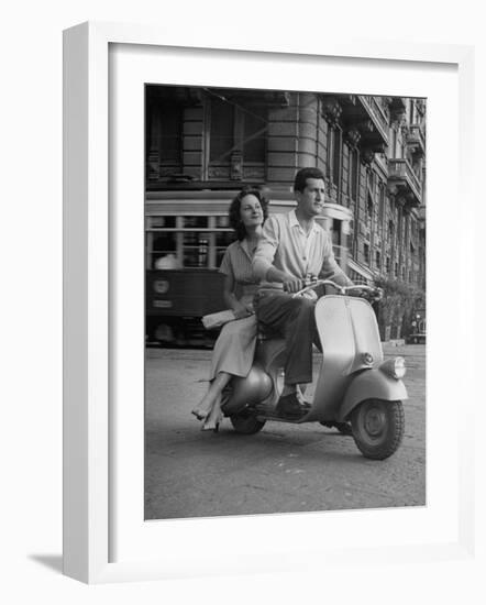 Man and Woman Riding a Vespa Scooter-Dmitri Kessel-Framed Photographic Print