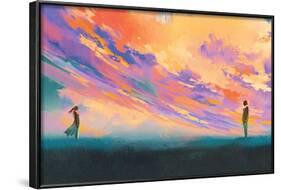 Man and Woman Standing opposite of Each Other against Colorful Sky,Illustration Painting-Tithi Luadthong-Framed Art Print