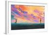 Man and Woman Standing opposite of Each Other against Colorful Sky,Illustration Painting-Tithi Luadthong-Framed Art Print