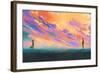 Man and Woman Standing opposite of Each Other against Colorful Sky,Illustration Painting-Tithi Luadthong-Framed Art Print