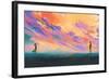 Man and Woman Standing opposite of Each Other against Colorful Sky,Illustration Painting-Tithi Luadthong-Framed Art Print