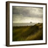 Man and Woman Walking Along a Path by the Sea with Tall Ships-Luis Beltran-Framed Photographic Print