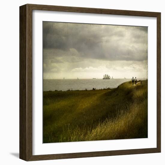 Man and Woman Walking Along a Path by the Sea with Tall Ships-Luis Beltran-Framed Photographic Print