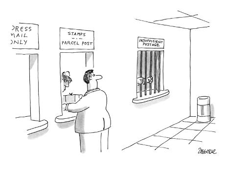 Man at post office window sees another window with bars that says, Man at post office window sees another window with bars that says,