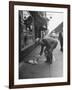 Man Bending over to Touch Cat Sitting on Sidewalk-Nina Leen-Framed Photographic Print