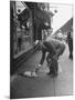 Man Bending over to Touch Cat Sitting on Sidewalk-Nina Leen-Mounted Photographic Print